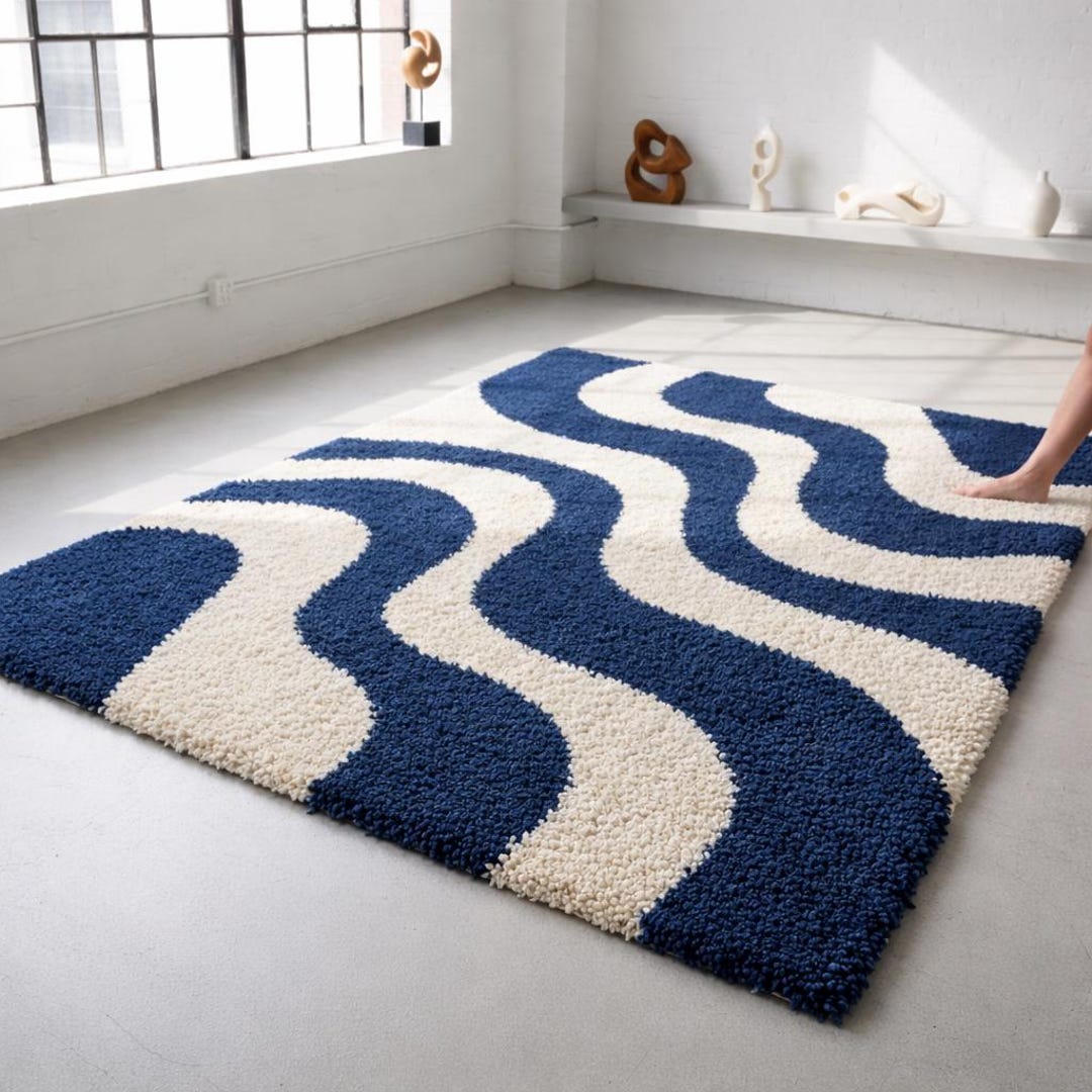 Mid Century Modern Wave Rug – Blue & off White Hand Tufted Area Rug ...