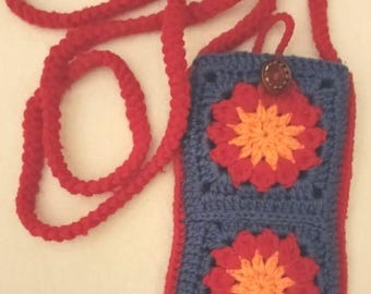 Handmade Crochet Sunflower Granny Square Sling Bag, Blue Red Purse