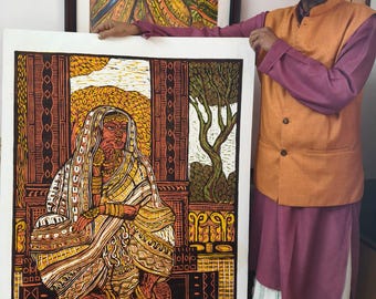 Contemplative Woman Painting, Symbolic Indian Contemporary Art, Wall Decor