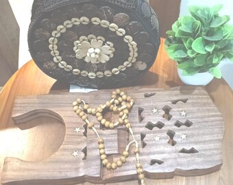 Handmade Christian Gift Set: Wooden Bible Stand, Rosary Beads, Coconut Shell Bag