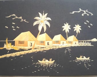 Handmade Kerala Village Paper Art, Black Gold Palm Tree Wall Hanging, Tropical Decor