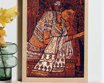 Contemplative Woman Block Print: Indian Folk Textile Wall Art - Frame not included