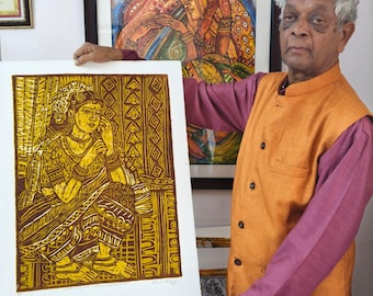 Handmade Indian Block Print Art – Contemplative Woman Folk Wall Decor-Frame not included