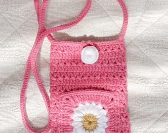 Handmade Crochet Sunflower Sling Bag, Pink Crossbody Purse, Granny Square Detail