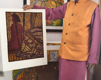 Original Indian Block Print, Contemplative Figure Wall Art, Textured Maroon Ochre