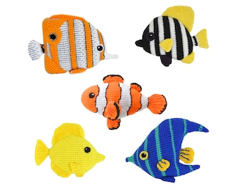 Tropical Fish Crochet Pattern, Amigurumi Fish Crochet Pattern Set: Clownfish, Striped Boarfish, Angelfish, Tang Fish, Butterfly Fish