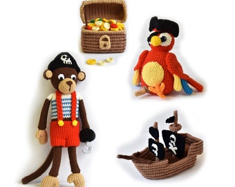 Modèle de crochet pirate, modèle amigurumi pirate, modèle de crochet de singe, modèle de crochet de perroquet, modèle de bateau pirate, modèle de coffre au trésor