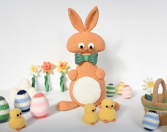 Patrón de Ganchillo Conejito de Pascua, Patrón de Ganchillo Huevos de Pascua, Amigurumi Conejito de Pascua, Patrón de Ganchillo Set de Pascua, Canasta con Flores, Pollitos