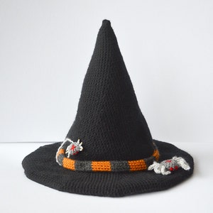 May include: A black witch hat with an orange and gray striped band and two small gray spiders with red eyes.