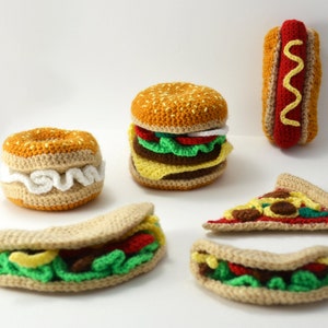 Fast Food Crochet Pattern Set, Fast Food Amigurumi, Crochet Fast Food Pattern, Hamburger, Hotdog, Pizza, Bagel, Taco Crochet Pattern