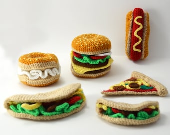 Fast Food Crochet Pattern Set, Fast Food Amigurumi, Crochet Fast Food Pattern, Hamburger, Hotdog, Pizza, Bagel, Taco Crochet Pattern