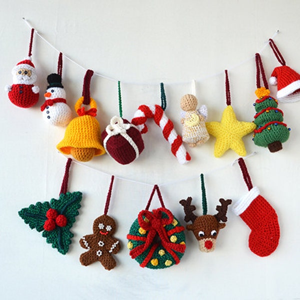 Christmas Ornaments Crochet Pattern - 14 Christmas Tree Decorations Pattern - Crochet Tree Santa Reindeer Star Angel Snowman Candy Cane