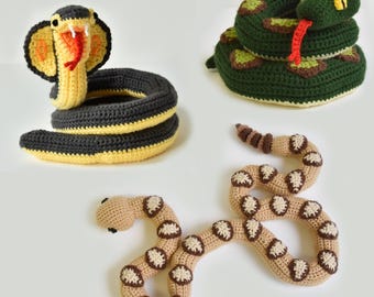 ヘビ編みパターンセット、パイソン編みパターン、ガラガラヘビ編みパターン、コブラ編みパターン、ヘビ編みぐるみ、動物編みぐるみセット