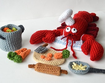 Lobster Chef Crochet Pattern, Lobster Crochet Pattern, Animal Crochet Pattern, Kitchen Amigurumi Pattern, Seafood Crochet Pattern