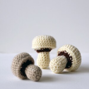 Op de afbeelding: Drie gehaakte paddenstoelen in wit en bruin. De paddenstoelen zijn klein en hebben een textuur.