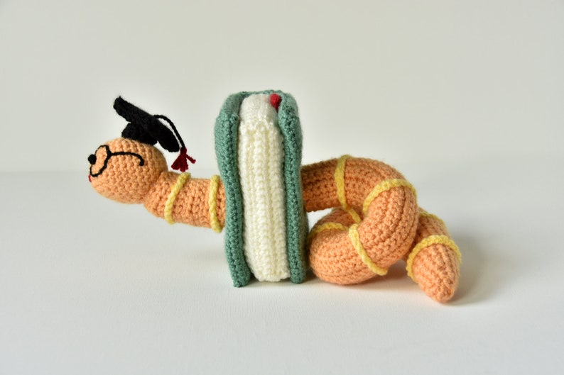 May include: A crocheted worm wearing a graduation cap and glasses is holding a book with a green cover. The worm is orange with yellow stripes.