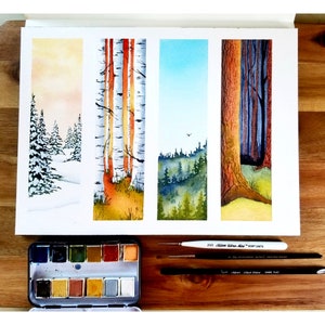 ONLINE video course: Paint four forest themed watercolor bookmarks with me!  Complete supply list and over 2.5 hours of video instruction!