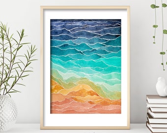 Ocean Layers Watercolor Art Print: Abstract Beach Waves Giclee