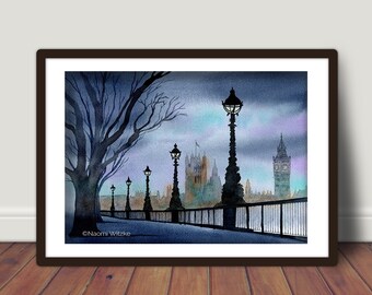 May include: A watercolor painting of the Houses of Parliament in London, England. The painting depicts the building at dusk with a silhouette of a tree in the foreground and streetlights lining the walkway. The painting is signed "Naomi Witzke" in the bottom right corner.