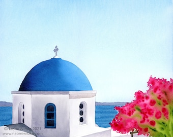 Fine art print of Santorini, Greece. Watercolor art print, traveler gift, holiday vacation memento