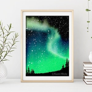 Northern Lights watercolor art print, aurora borealis galaxy painting, green galaxy night sky fine art print giclee, nature gift