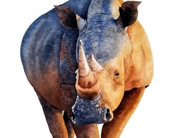 White Rhino Watercolor Art Print, African Animal Portrait
