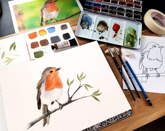 INSTANT download watercolor kit: Spring Robin, with traceable templates, reference images, and full instructions to complete the painting!