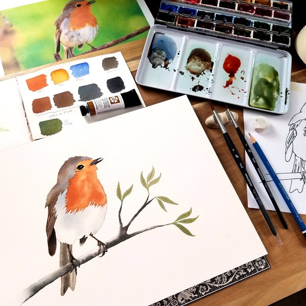 INSTANT download watercolor kit: Spring Robin, with traceable templates, reference images, and full instructions to complete the painting!