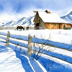 Winter Barn Watercolor Art Print: Snowy Farmhouse Decor