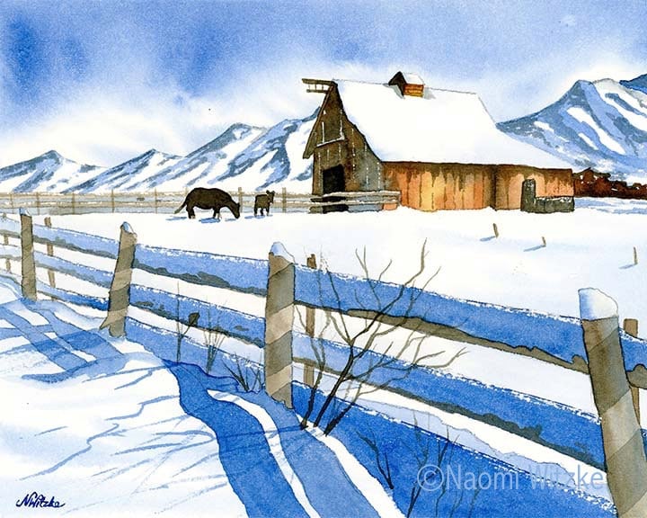 Snowy Winter Barn Watercolor Art Print Watercolor Barn With - Etsy