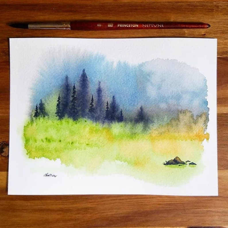 Misty Meadow Landscape Watercolor Art Print, Nature Watercolor Print, Watercolor Wall Art