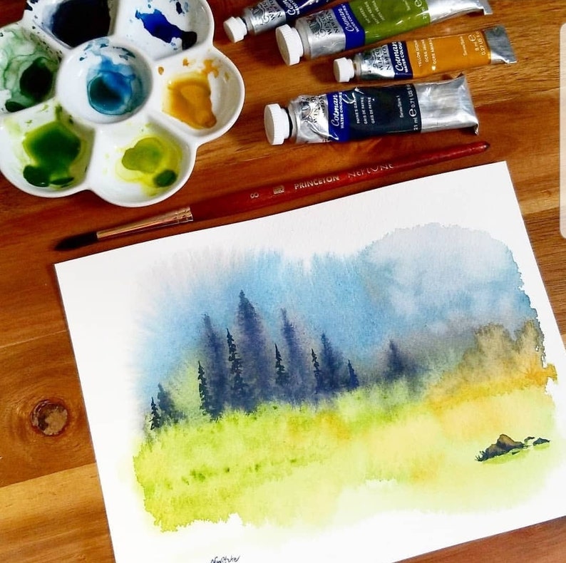 Misty Meadow Landscape Watercolor Art Print, Nature Watercolor Print