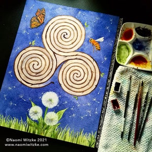 Finger Labyrinth for Meditation and Prayer; Watercolor Art Print, Nature Trinity Symbolism, Spirit Art, Spiritual Journey Art