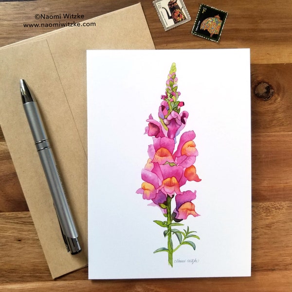 Watercolor Snapdragon Blank 5x7" Greeting Card, Floral Botanical Card, White Envelope Included, Also Available As Part of a Set