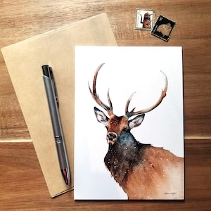 Watercolor Red Deer Stag Buck Blank 5x7&quot; Greeting Card, Wildlife Nature Card, White Envelope Included