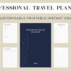Puede incluir: Un planificador de viajes profesional con una cubierta azul marino y el texto "Corporate Travel Planner 2026". La imagen también incluye varias páginas imprimibles para revisiones de viajes, detalles de gastos y resúmenes anuales de viajes.