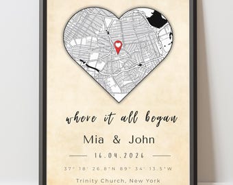 Personalisierte Karte Kunstdruck | Jahrestag Paargeschenk, Erstes Date Lage (Digitaler Download)