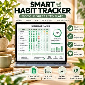 Mall för smart vanespårning i Google Sheets | Månatliga mål, framstegsöversikt och rutinplanerare