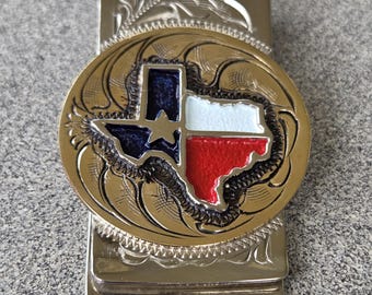 Hand Engraved Western Money Clip – Custom Nickel and Brass Scrollwork – Bright Cut Metal Engraving – Texas Handmade Gift for Men