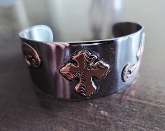 Handmade Nickel Silver Copper Cuff Bracelet – Western Scrollwork Cross Bangle