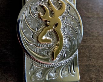 Clip para billetes grabado a mano - Superposición de la marca Browning - Cartera estilo western de níquel plateado y latón - Regalo para hombre para cazador o amante de la naturaleza.