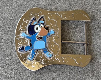 Handgefertigte Neusilber Gürtelschnalle mit blau blauer Heeler Inlay - 1,5 Inch Western Rollen gravierte Schnalle und Halter Set