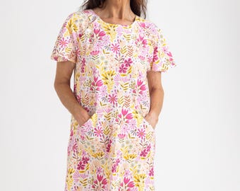 Organic Patient Hospital Gown for Women with Snaps and Pockets: RN Designed for IV and Port access; Breast Cancer Awareness Floral Print