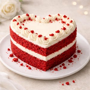Op de afbeelding: Een hartvormige rode fluwelen cake met witte glazuur en rode sprinkles. De cake heeft lagen witte crème en ligt op een wit bord. Op de achtergrond is een witte roos te zien.