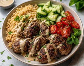 Beef Kefta Bulgur Bowl with Tahini Sauce – Healthy, High-Protein Mediterranean Recipe (PDF)