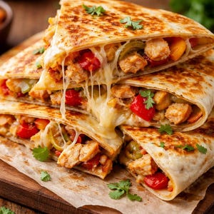Puede incluir: Una pila de quesadillas recién hechas, cortadas en triángulos, con queso derretido que gotea. El relleno incluye pollo, pimientos rojos y verdes y cilantro. Las quesadillas están sobre una tabla de cortar de madera.