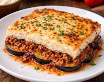 Ricetta autentica della moussaka greca, casseruola tradizionale fatta in casa, ricetta digitale passo dopo passo in PDF