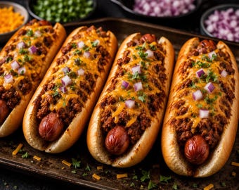 Cheesy Chili Cheese Dogs Recipe PDF | Loaded American Chili Hot Dogs