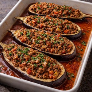 Stuffed Eggplants with Ground Meat – Easy Mediterranean Baked Eggplant Recipe – Authentic Comfort Food PDF Download