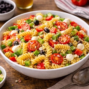 May include: A white bowl of pasta salad with spiral pasta, halved cherry tomatoes, green peppers, black olives, and mozzarella balls. The ingredients are mixed together, creating a colourful and appetizing dish.